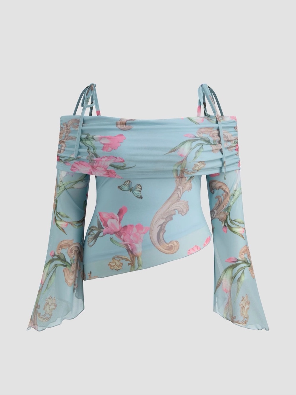 MESH OFF-SHOULDER FLORAL KNOTTED ASYMMETRICAL LONG SLEEVE TOP